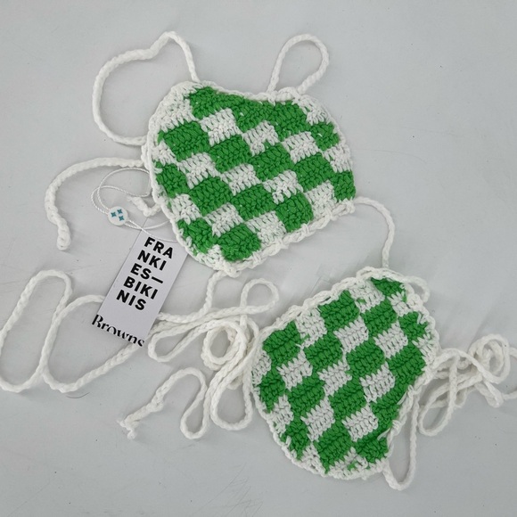 Frankies Bikinis x Browns Eliza Crochet Halter Bikini Top In Jade Checker - Picture 1 of 4